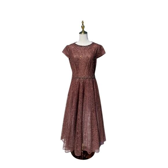 Mac Duggal 20371 Embellished Cap Sleeve A Line Dress In Chocolate Size 8 $698 - Picture 3 of 9